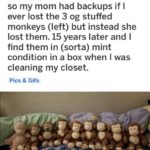 wholesome-memes cute text: r/ mildlyinteresting u/Bradgun218 • 27m so my mom had backups if I ever lost the 3 og stuffed monkeys (left) but instead she lost them. 15 years later and I find them in (sorta) mint condition in a box when I was cleaning my closet. Pics & Gifs  cute