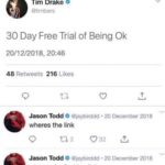 depression-memes depression text: Tim Drake e @timbers 30 Day Free Trial of Being Ok 20/12/2018, 20:46 216 Likes 48 Jason Todd e @jaybirddd • 20 December 2018 wheres the link 032 Jason Todd e @jaybirddd • 20 December 2018 wheres the fucking link  depression
