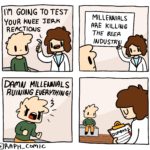 comics comics text: GOING TO TEST YOUR KNEE REBCTIOUS MILLERW19LS RUINING EVERYTHING! MILLENN19LS KILLING THE BEER INDUSTR I  comics
