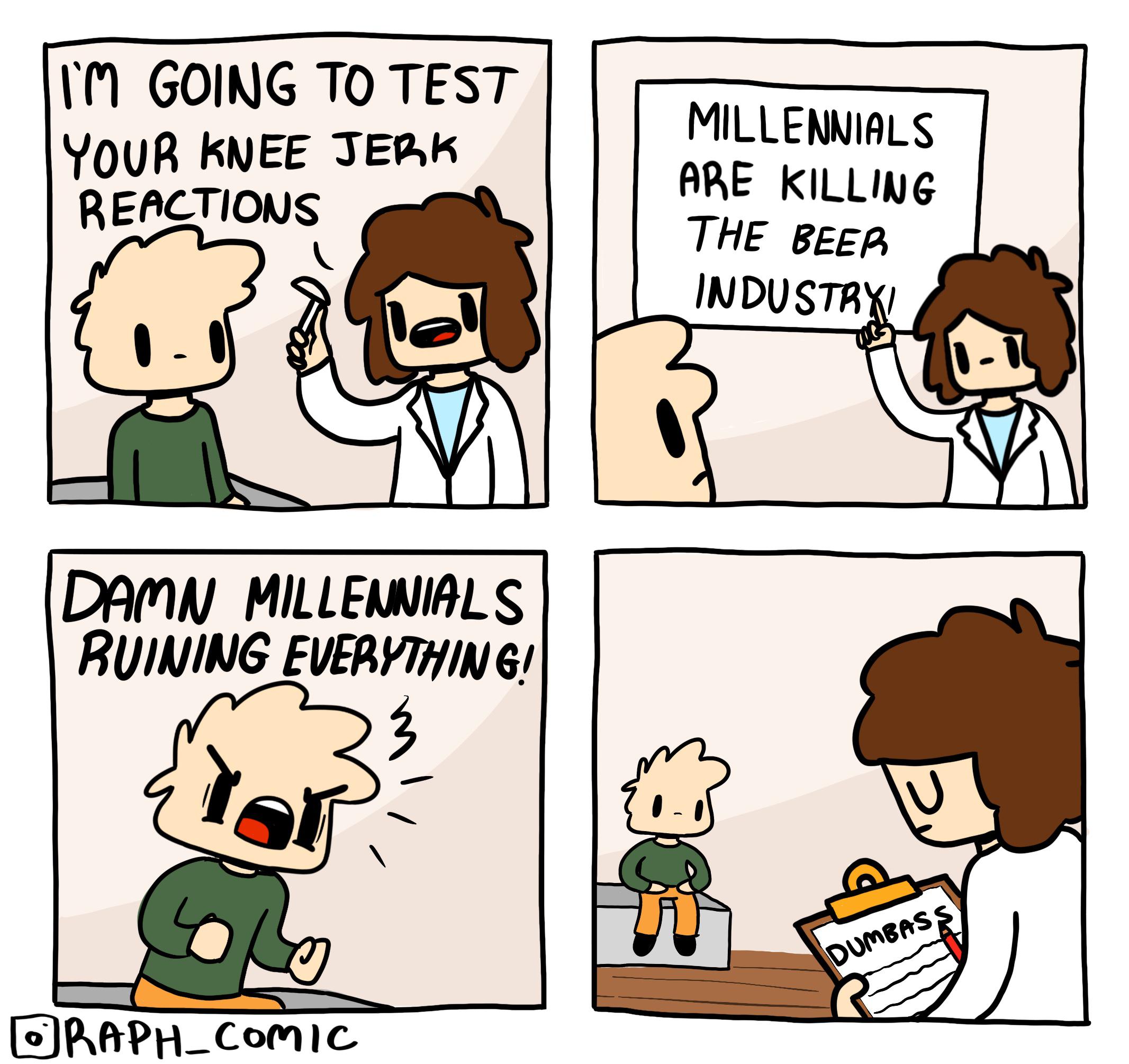 comics comics comics text: GOING TO TEST YOUR KNEE REBCTIOUS MILLERW19LS RUINING EVERYTHING! MILLENN19LS KILLING THE BEER INDUSTR I 