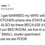 depression-memes depression text: Joey @joeygllghr when I get MARRIED my WIFE will be in THE KITCHEN where she STAYS and I WILL ALSO be there BECAUSE it