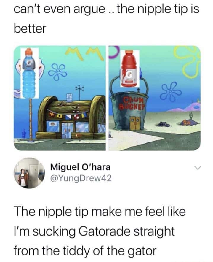 spongebob spongebob-memes spongebob text: can't even argue .. the nipple tip is better Miguel O'hara @YungDrew42 The nipple tip make me feel like I'm sucking Gatorade straight from the tiddy of the gator 