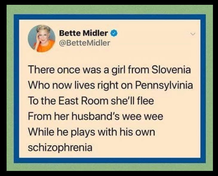 political political-memes political text: Bette Midler O @BetteMidler There once was a girl from Slovenia Who now lives right on Pennsylvinia To the East Room she'll flee From her husband's wee wee While he plays with his own schizophrenia 