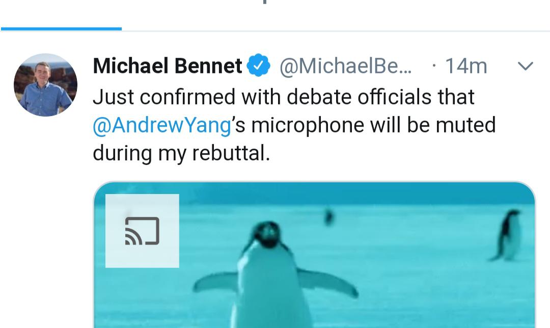 yang yang-memes yang text: Michael Bennete @MichaelBe... • 14m Just confirmed with debate officials that @AndrewYang's microphone will be muted during my rebuttal. 