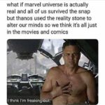 avengers-memes thanos text: what if marvel universe is actually real and all of us survived the snap but thanos used the reality stone to alter our minds so we think it