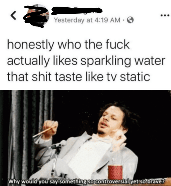 Dank Meme dank-memes cute text: Yesterday at 4:19 AM • honestly who the fuck actually likes sparkling water that shit taste like tv static Why would you say something so controversial yet 