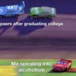 depression-memes depression text: My peers after graduating college Me spiraling into alcoholism  depression