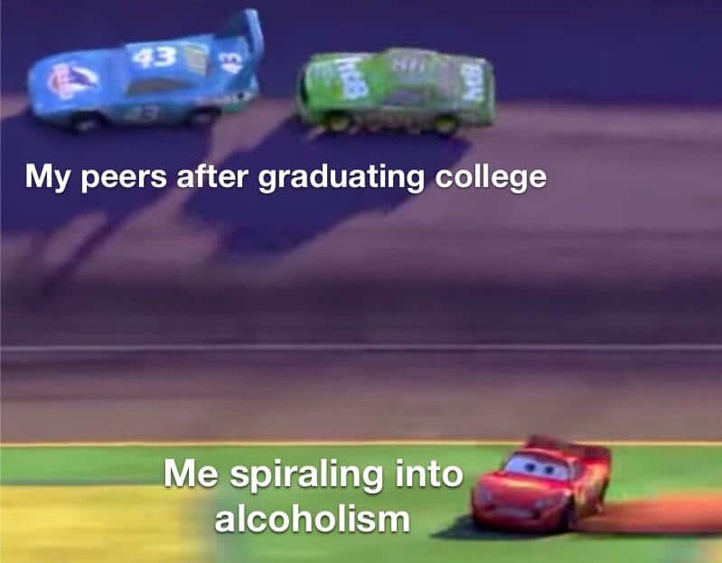depression depression-memes depression text: My peers after graduating college Me spiraling into alcoholism 