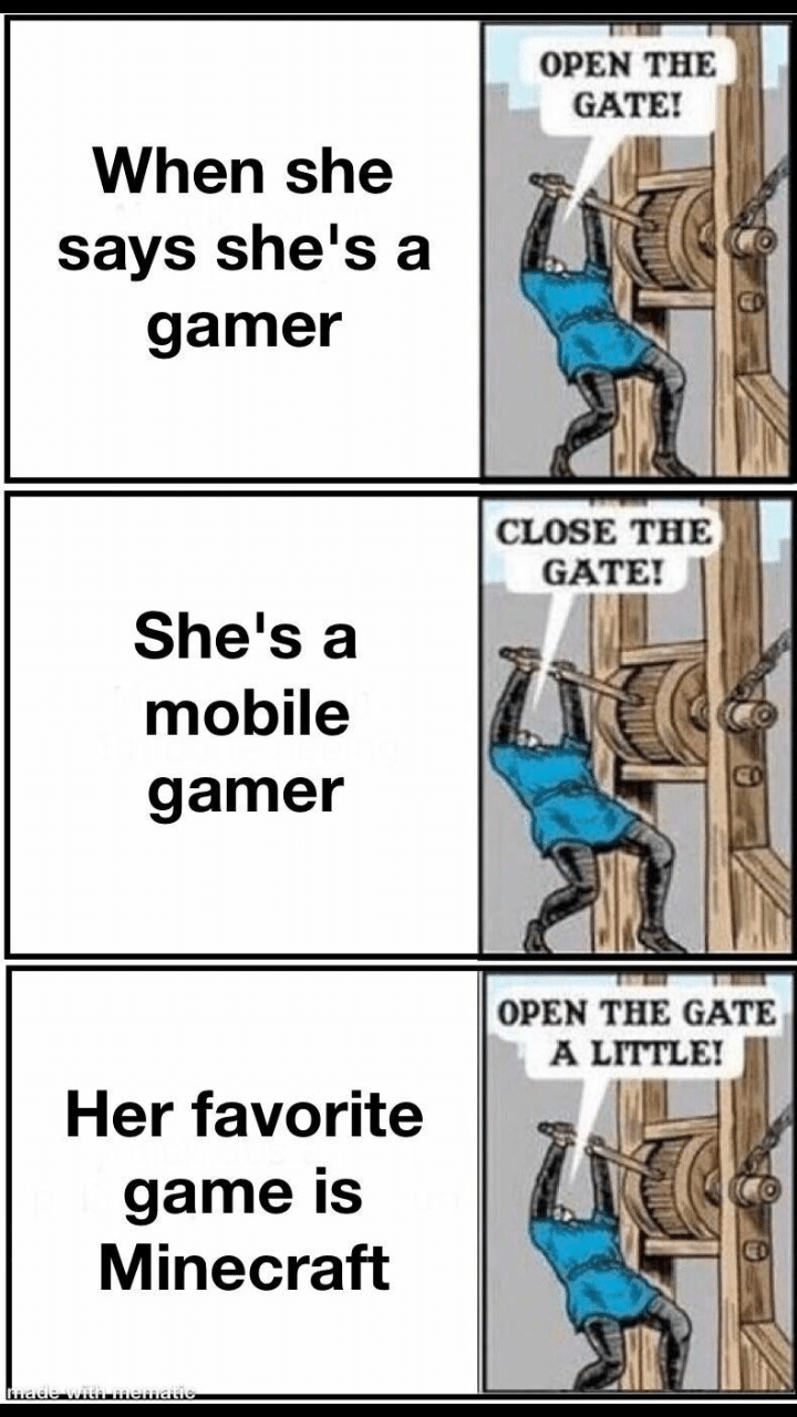 minecraft minecraft-memes minecraft text: When she says she's a gamer Shels a mobile gamer Her favorite game is Minecraft OPEN THE GATE! CLOSE THE OPEN THE GATE A LITTLE! 