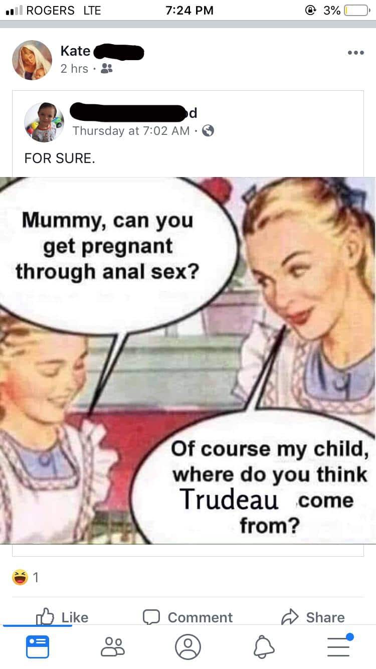 political political-memes political text: 'ROGERS LTE 7:24 PM Kate 2 hrs • d Thursday at 7:02 AM •S FOR SURE. Mummy, can you get pregnant through anal sex? Of course my child, where do you think Trudeau come from? Like 00 _C) Comment _h Share 0 