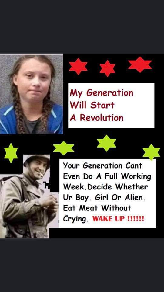 political political-memes political text: My Generation Will Start A Revolution Your Generation Cant Even Do A Full Working Week. Decide Whether Vr Boy. Girl Or Alien. Eat Meat Without Crying. WAKE UP 