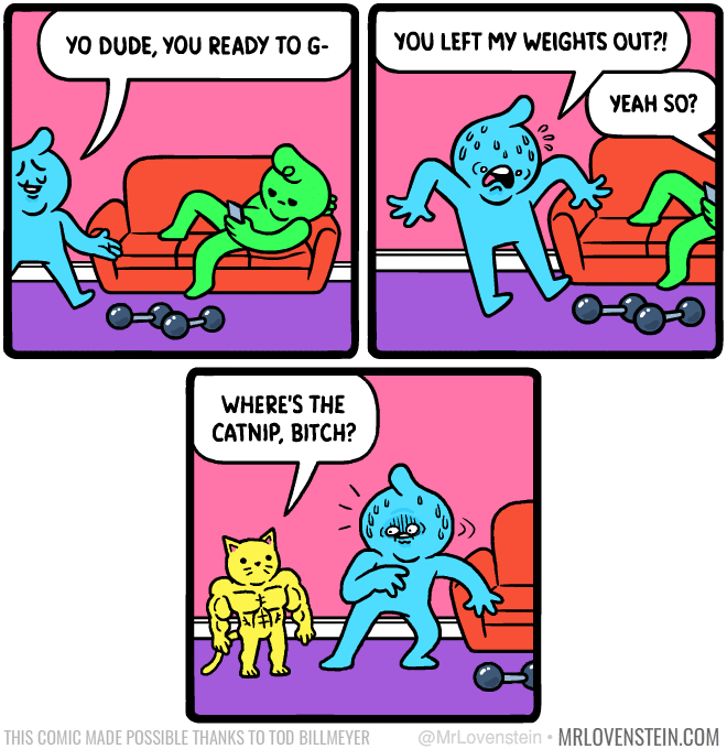 comics comics comics text: yo DUDE, YOU READY TO G- WHERE'S THE CATNIP. BITCH? THIS COMIC MADE POSSIBLE T YOU LEFT MY WEIGHTS OUT?! YEAH SO? MRLOVENSTEIN.COM 