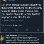 feminine-memes women text: Tweet Justin Murphy @jmrphy Not even being provocative but if you think Greta Thunberg has the maturity to guide global policy-making then you cannot object to Jeffrey Epstein paying 1 6-year-olds for sex. 10:44 PM • 24 sep 19 • Buffer Likes 737 3,540 Lyne Mugema @yneonme • 1 lh When women ask for equal rights men respond with, "do we get to hit you now?" When children care about the state of the planet they
