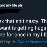 depression-memes depression text: End my life pls Fuck sex that shit nasty. The new thing I want is getting hugs from someone for once in my life 7:49 PM 19 sep 19 Twitter for Android  depression