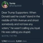 political-memes political text: Turnip @Turnip2020 Dear Trump Supporters: When Donald said he could "stand in the middle of Fifth Avenue and shoot somebody and not lose any voters," he wasn