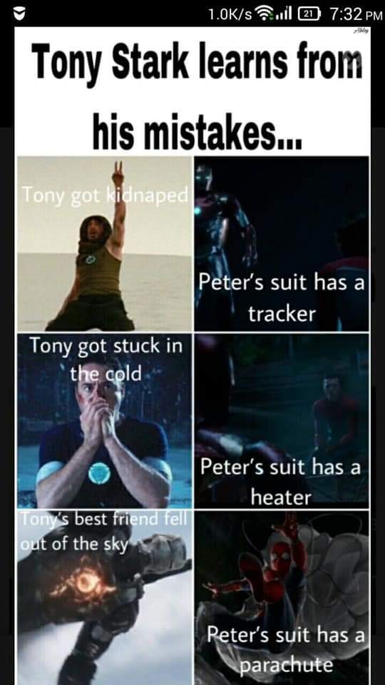 cute wholesome-memes cute text: 7:32 PM Tony Stark learns from his mistakes... ony got i ape P ter's suit has a tracker Tony got stuck in Id Peter's suit has a heater est I t of the ter's suit has Q rathue€ 