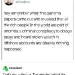 political-memes political text: Colin Taylor @ColsBols hey remember when the panama papers came out and revealed that all the rich people in the world are part of enormous criminal conspiracy to dodge taxes and hoard stolen wealth in offshore accounts and literally nothing happened necrobob That