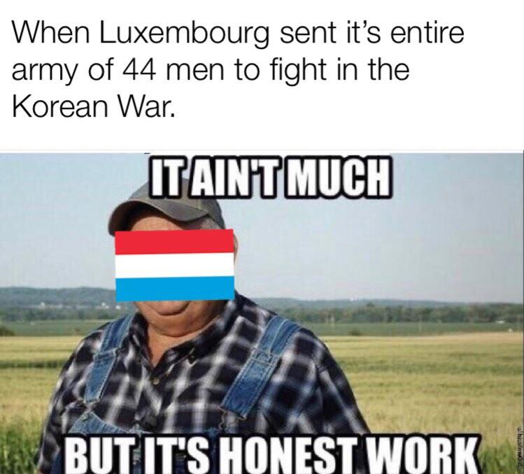 history history-memes history text: When Luxembourg sent it's entire army of 44 men to fight in the Korean War. IT AIN'T MUCH 
