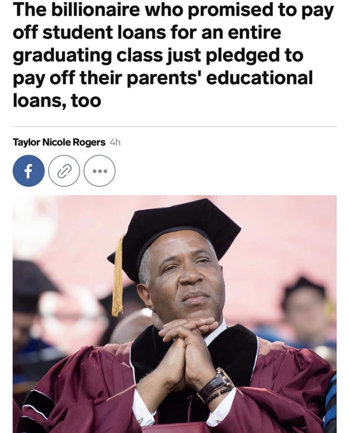 cute wholesome-memes cute text: The billionaire who promised to pay off student loans for an entire graduating class just pledged to pay off their parents' educational loans, too Taylor Nicole Rogers 4h 