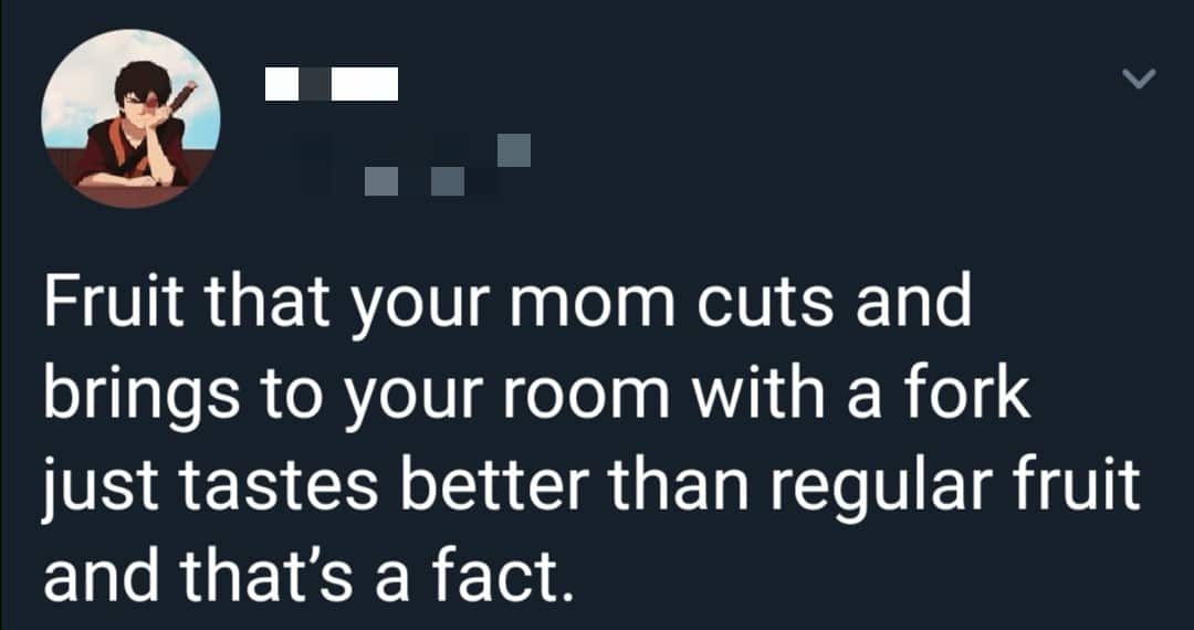 cute wholesome-memes cute text: Fruit that your mom cuts and brings to your room with a fork just tastes better than regular fruit and that's a fact. 