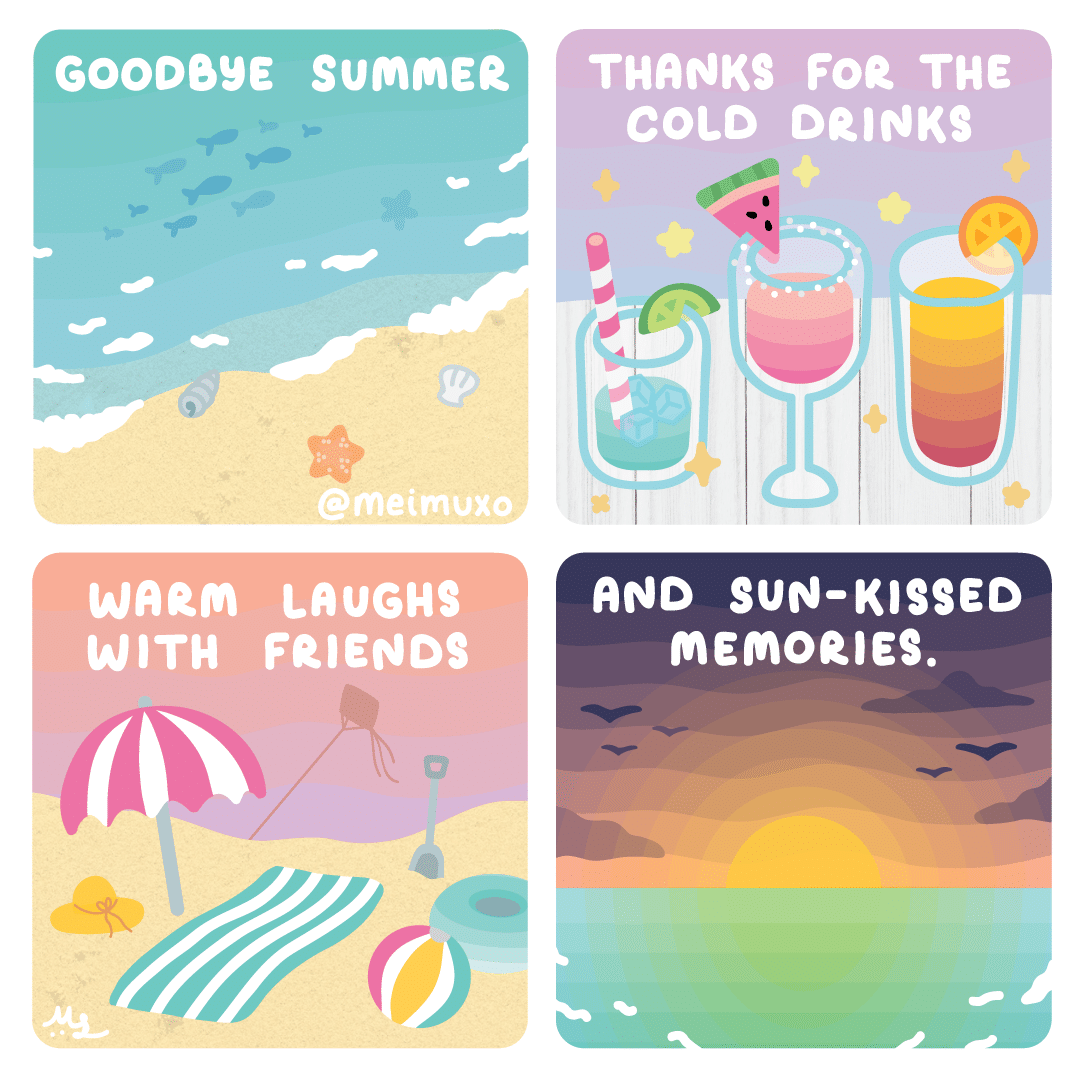comics comics comics text: GOODBYE summE2 weem LAUGHS WITH F21ENDS THANKS Foe THE D21NKS AND SUN-KISSED mErt021Es. 