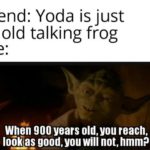 star-wars-memes ot-memes text: Friend: Yoda is just an old talking frog me: W)en 900 years old, you reach, good, you will not, hmm?  ot-memes