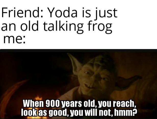 ot-memes star-wars-memes ot-memes text: Friend: Yoda is just an old talking frog me: W)en 900 years old, you reach, good, you will not, hmm? 