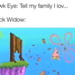 spongebob-memes spongebob text: Hawk Eye: Tell my family I lov... Black Widow:  spongebob