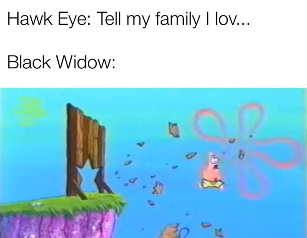 spongebob spongebob-memes spongebob text: Hawk Eye: Tell my family I lov... Black Widow: 