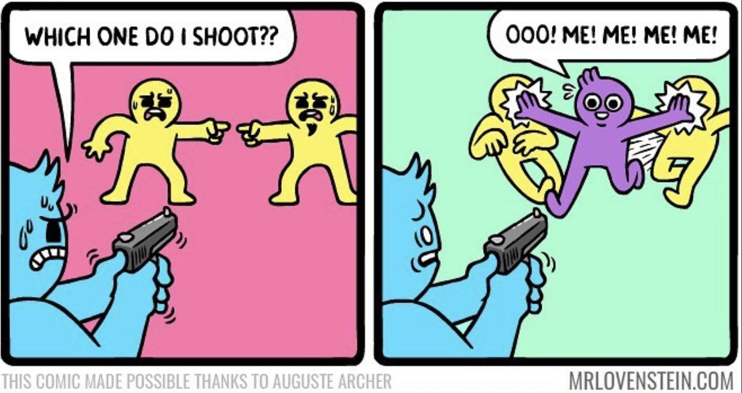 depression depression-memes depression text: WHICH ONE DO I SHOOT?? THIS COMIC MADE POSSIBLE THANKS TO AUGUSTE ARCHER 000! ME'. ME! ME! ME! MRLOVENSTEIN.COM 