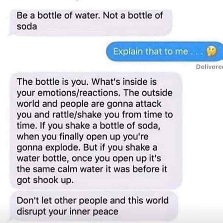 misc memes misc text: Be a bottle of water. Not a bottle of soda Explain that to me, . Delivery The bottle is you. What's inside is your emotions/reactions. The outside world and people are gonna attack you and rattle/shake you from time to time. If you shake a bottle of soda, when you finally open up you're gonna explode. But if you shake a water bottle, once you open up it's the same calm water it was before it got shook up. Don't let other people and this world disrupt your inner peace 