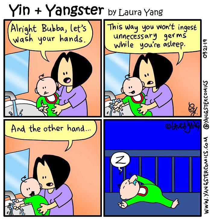 comics comics comics text: + YangSter by Laura Yang Bubba, let's Tis Way you won't ingest unnecessary Ser ms your hands. While you're asleep. tke other hand. 