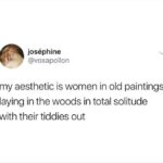 feminine-memes women text: joséphine @voxapollon my aesthetic is women in old paintings laying in the woods in total solitude with their tiddies out  women
