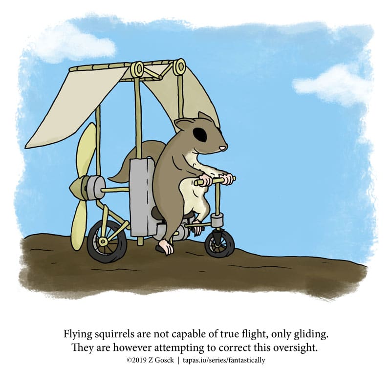 comics comics comics text: Flying squirrels are not capable of true flight, only gliding. They are however attempting to correct this oversight. 02019 Z Gosck I tapas.io/series/fantastically 