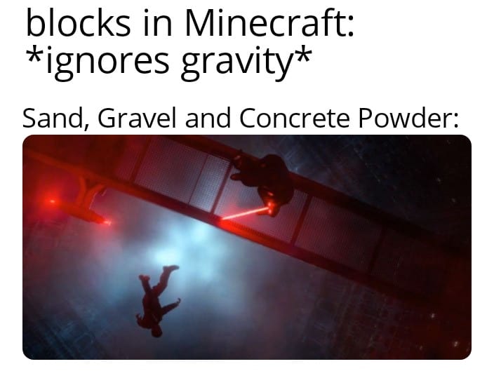minecraft minecraft-memes minecraft text: blocks in Minecraft: *Ignores gravity* Sand, Gravel and Concrete Powder: 