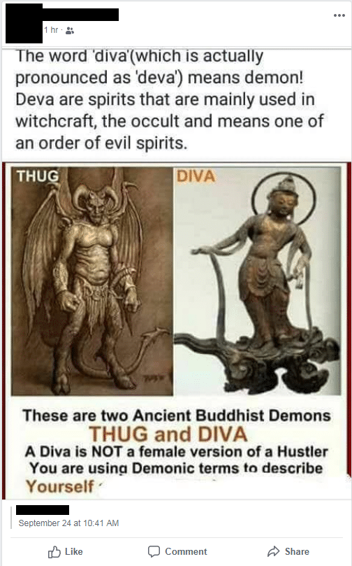 political political-memes political text: The word diVa(whiCh IS actual y pronounced as 'deva') means demon! Deva are spirits that are mainly used in witchcraft, the occult and means one of an order of evil spirits. THU DIVA These are two Ancient Buddhist Demons THUG and DIVA A Diva is NOT a female version of a Hustler You are using Demonic terms to describe Yourself September 24 at 10:41 AM O Like Comment Share 