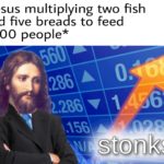christian-memes christian text: *Jesus multiplying two fish and five breads to feed 5000 people* 063  christian