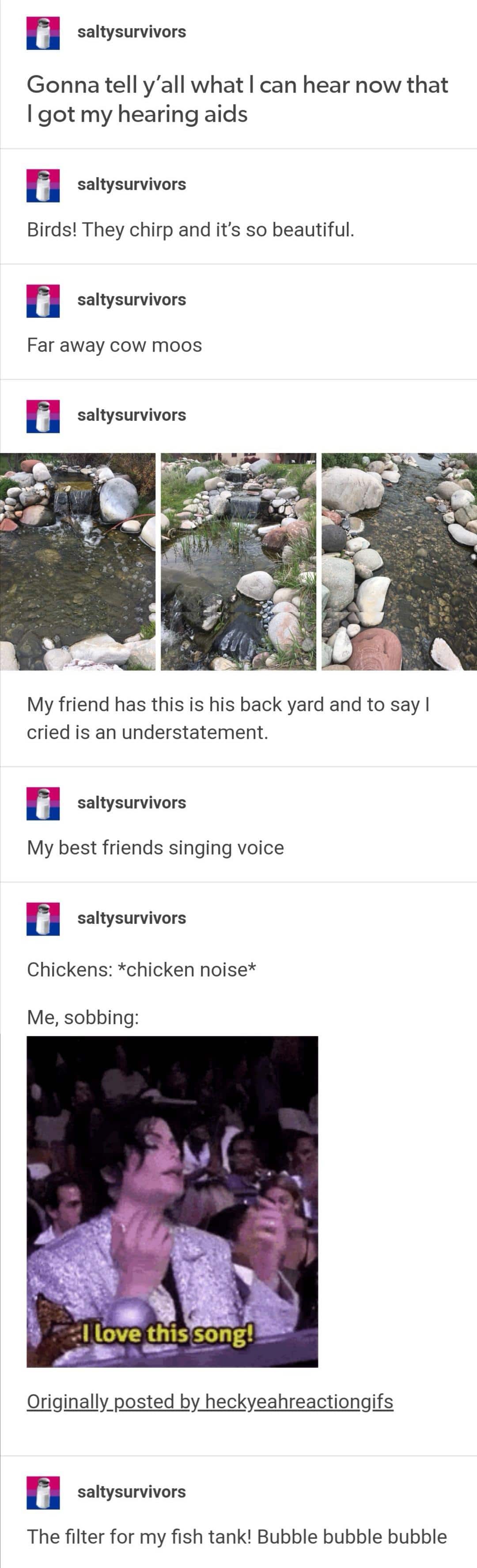 cute wholesome-memes cute text: saltysurvivors Gonna tell y'all what I can hear now that I got my hearing aids saltysurvivors Birds! They chirp and it's so beautiful. saltysurvivors Far away cow moos saltysurvivors My friend has this is his back yard and to say I cried is an understatement. saltysurvivors My best friends singing voice saltysurvivors Chickens: *chicken noise* Me, sobbing: love this,song!— Originally_posted by heckyeahreactionglfs saltysurvivors The filter for my fish tank! Bubble bubble bubble 