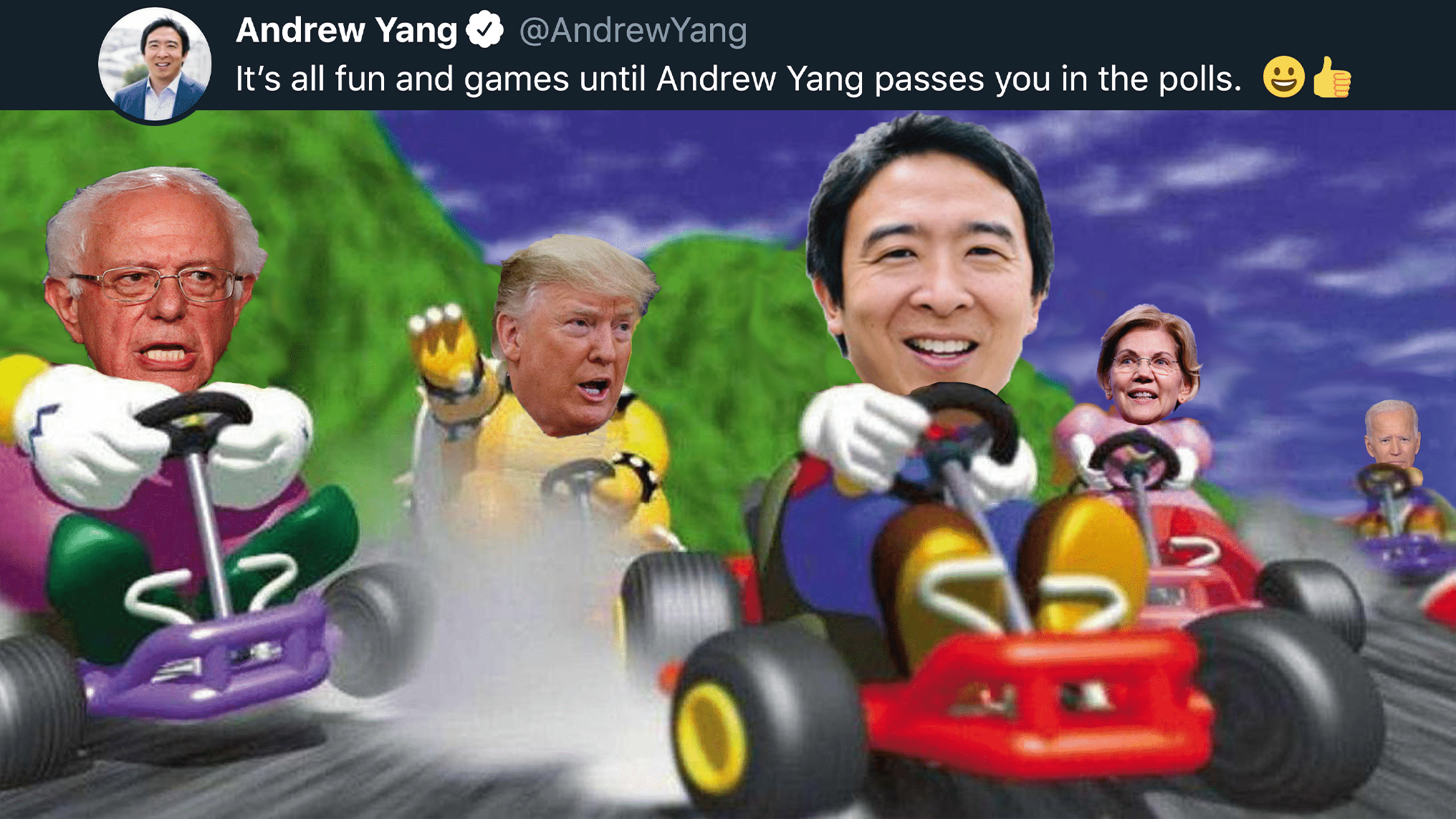 yang yang-memes yang text: Andrew Yang @AndrewYang It's all fun and games until Andrew Yang passes you in the polls. 