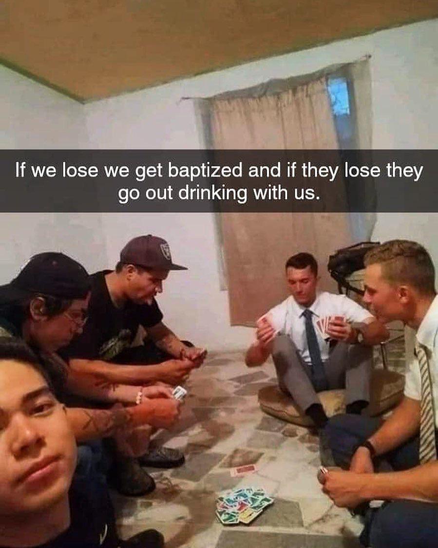 christian christian-memes christian text: If we lose we get baptized and if they lose they go out drinking with us. 