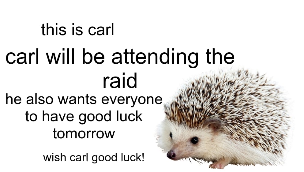 cute other-memes cute text: this is carl carl will be attending the raid he also wants everyone to have good luck tomorrow wish carl good luck! 