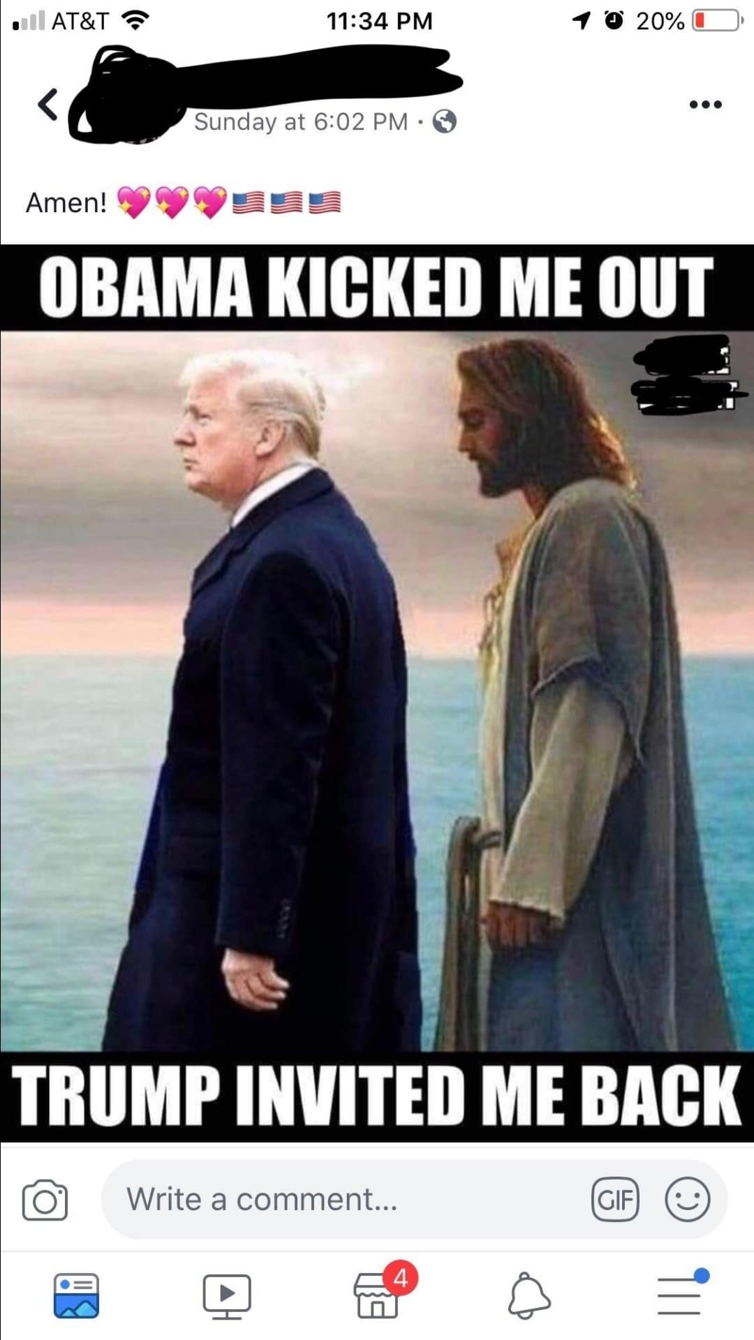 political political-memes political text: AT&T Ameni 11:34 PM Sunday at 6:02 PM • e 0 200/0 CD OBAMA KICKED ME OUT TRUMP INVITED ME BACK Write a comment... CIF 