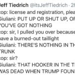 political-memes political text: Jeff Tiedrich @itsJeffTiedrich 2h cop: license and registration, please Giuliani: PUT UP OR SHUT UP, OFFICER, YOU