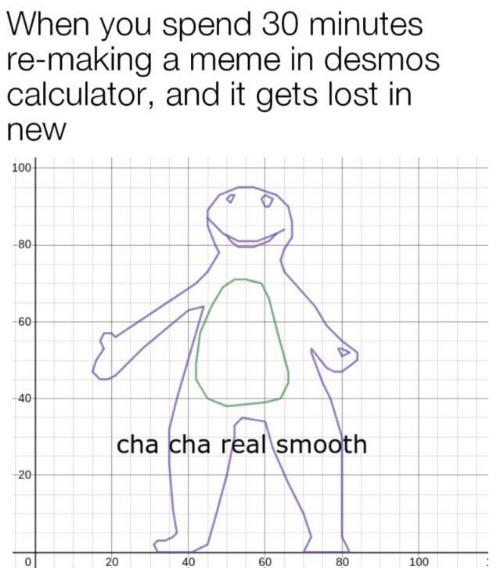 other other-memes other text: When you spend 30 minutes re-making a meme in desmos calculator, and it gets lost in new cha a r al mo h 