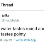 water-memes thanos text: Thread tulika @madbhabie warm water tastes round and cold water tastes pointy 12:54 18 sep 19 Twitter Web App  thanos