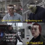 avengers-memes thanos text: Fans Can you get him back? Spidprmanæ is back In Disney I