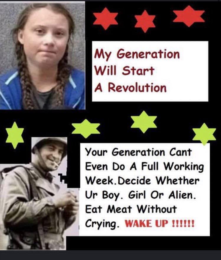 political political-memes political text: My Generation Will Start A Revolution Your Generation Cant Even Do A Full Working Week. Decide Whether Vr Boy. Girl Or Alien. Eat Meat Without Crying. WAKE UP 