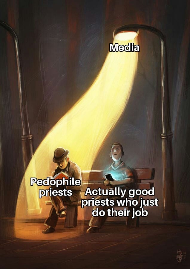 christian christian-memes christian text: Media Pedophile priests e,ctually good priests who just do their job 