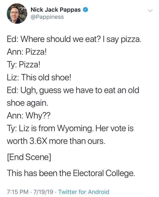political political-memes political text: Nick Jack Pappas O @Pappiness Ed: Where should we eat? I say pizza. Ann: Pizza! Ty: Pizza! Liz: This old shoe! Ed: Ugh, guess we have to eat an old shoe again. Ann: Why?? Ty: Liz is from Wyoming. Her vote is worth 3.6X more than ours. [End Scene] This has been the Electoral College. 7:15 PM • 7/19/19 • Twitter for Android 