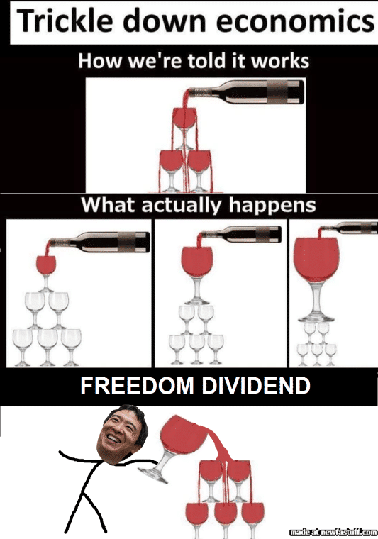 economy yang-memes economy text: Trickle down economics How we're told it works What actually happens FREEDOM DIVIDEND 